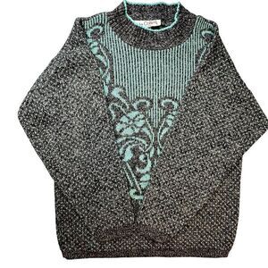 KATE COLLINS Vintage Gray Blue Floral Long Crewneck Sweater Women’s Size Small